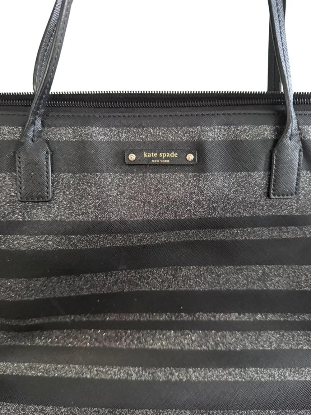 KATE SPADE Black Silver Saffiano Leather Glitter Tote Bag